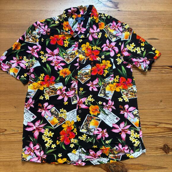 George black pink red tropical short sleeve button up womens shirt SIZE M - Picture 1 of 6